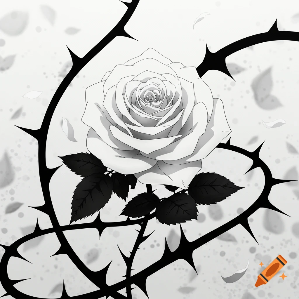 A stylized black and white image of a white rose surrounded by thorny vines, with falling petals in the background, in an anime art style.