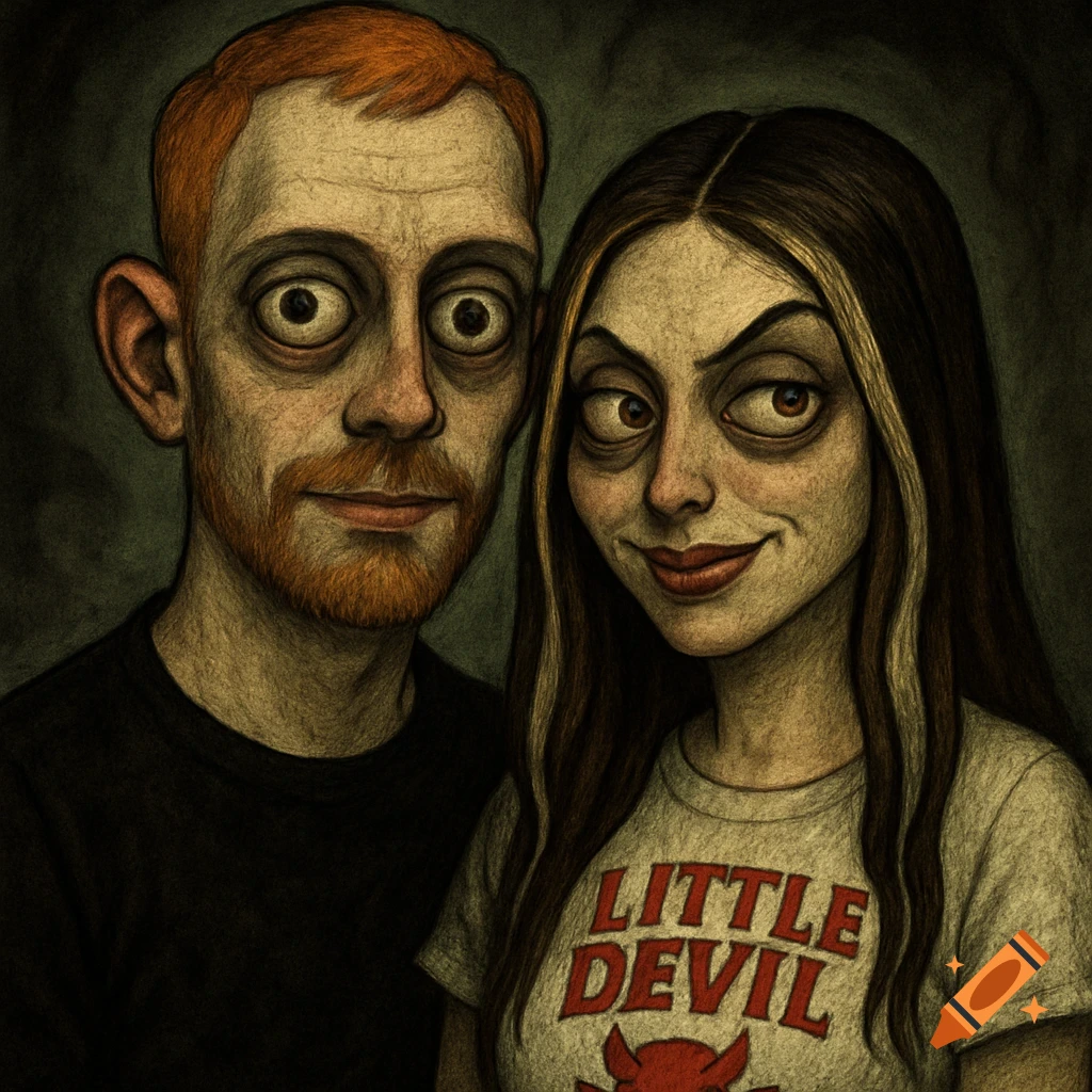 CreepCast-style horror cartoon portrait of a couple with exaggerated features. The woman wears a white 'Little Devil' t-shirt.