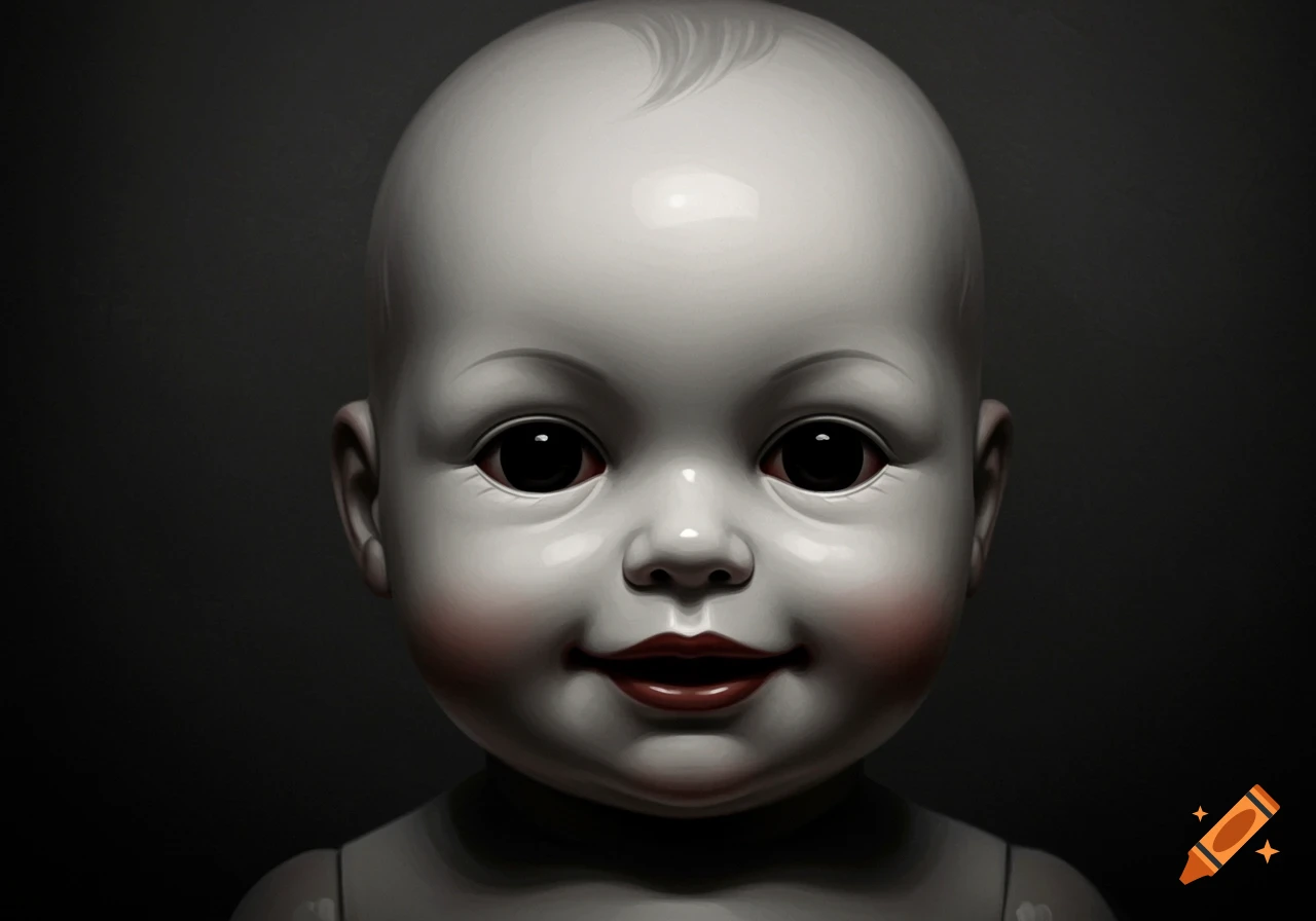 Close-up portrait of a pale, unsettling baby doll with large black eyes and a faint smile against a dark background.