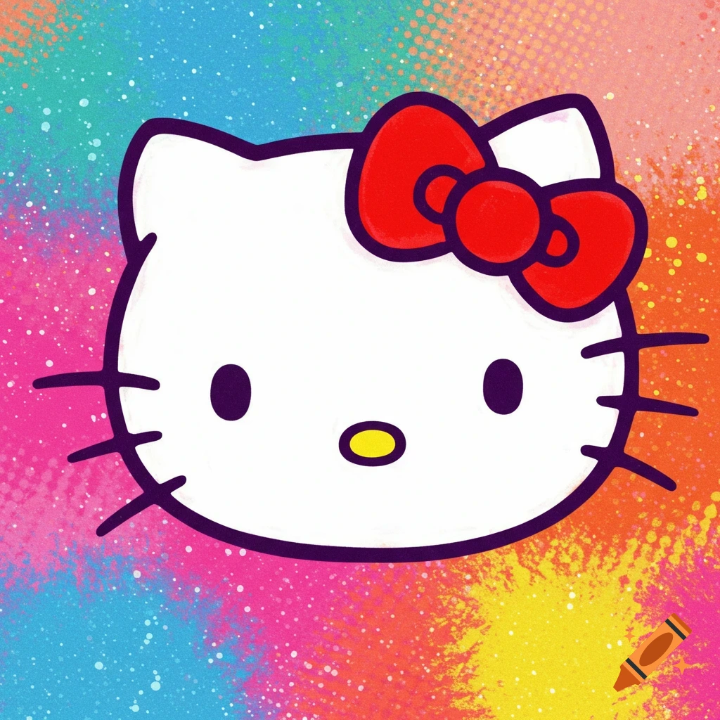 Hello Kitty cartoon character with a red bow against a vibrant, multi-color paint splatter background.