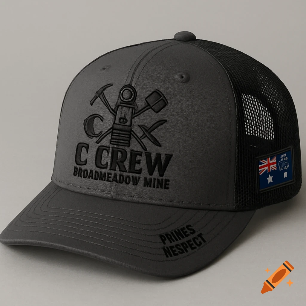 Dark grey trucker cap with 'C CREW BROADMEADOW MINE' text and mining tools logo; 'PRINES NESPECT' on brim, Australian flag patch on side.