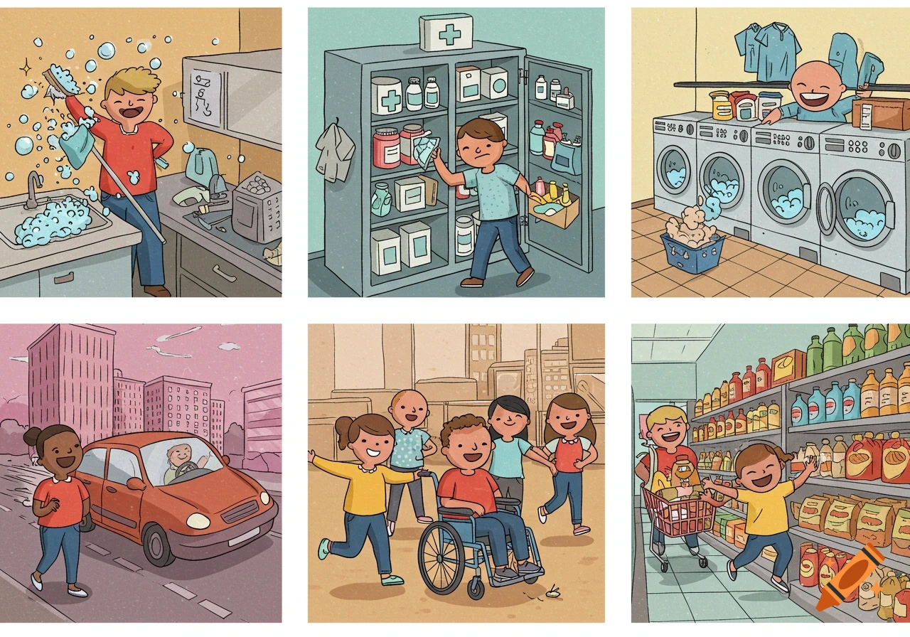 Six cartoon panels depicting children doing various daily activities: cleaning, organizing, doing laundry, driving, playing, and shopping.