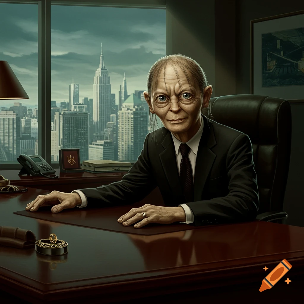 Gollum in a black business suit sitting at an office desk overlooking a cityscape with skyscrapers.