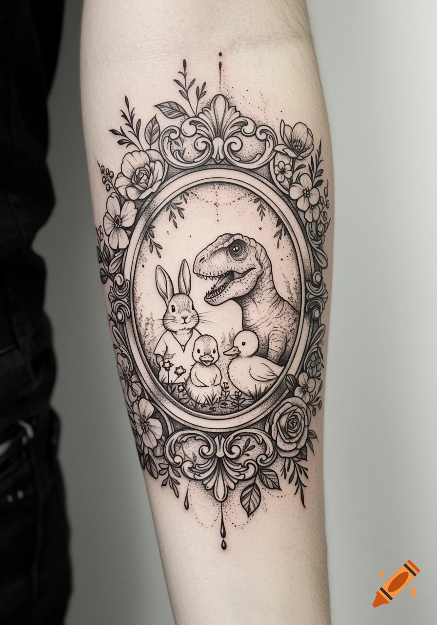 Black and white tattoo on an arm featuring a rabbit, a T-Rex, and two ducklings in an ornate floral frame.