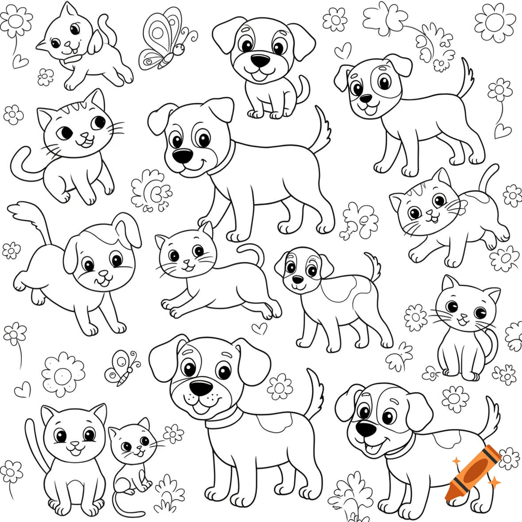 Black and white line art coloring page featuring various cute cartoon cats and dogs with flowers and butterflies.