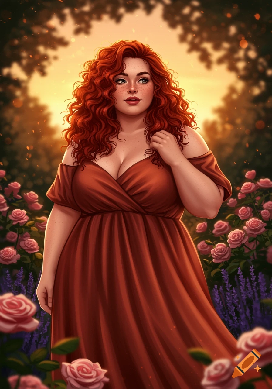 An illustrated plus-size redhead woman in a rust-colored dress stands in a rose garden at sunset, looking up.