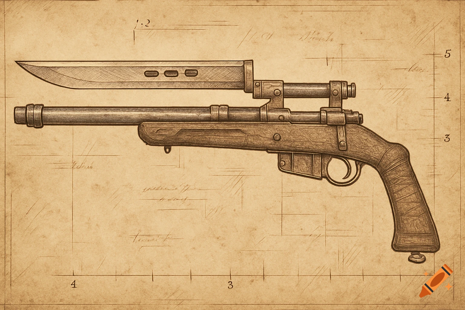 Sepia-toned blueprint drawing of a steampunk-style hybrid sniper rifle with a bayonet, on parchment paper with measurement markings.