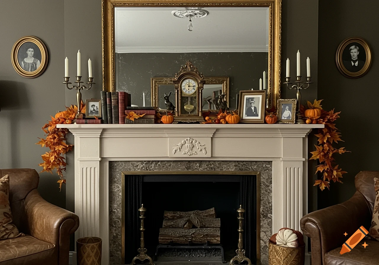 A fireplace mantel decorated for fall in a victorian dark academia style with pumpkins, orange leaves, books, framed photos, and candles.