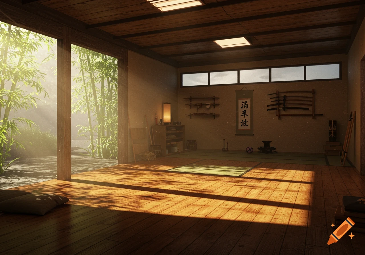 A sunlit Japanese dojo interior with wooden floors, bamboo visible through an open doorway, and martial arts equipment on walls.