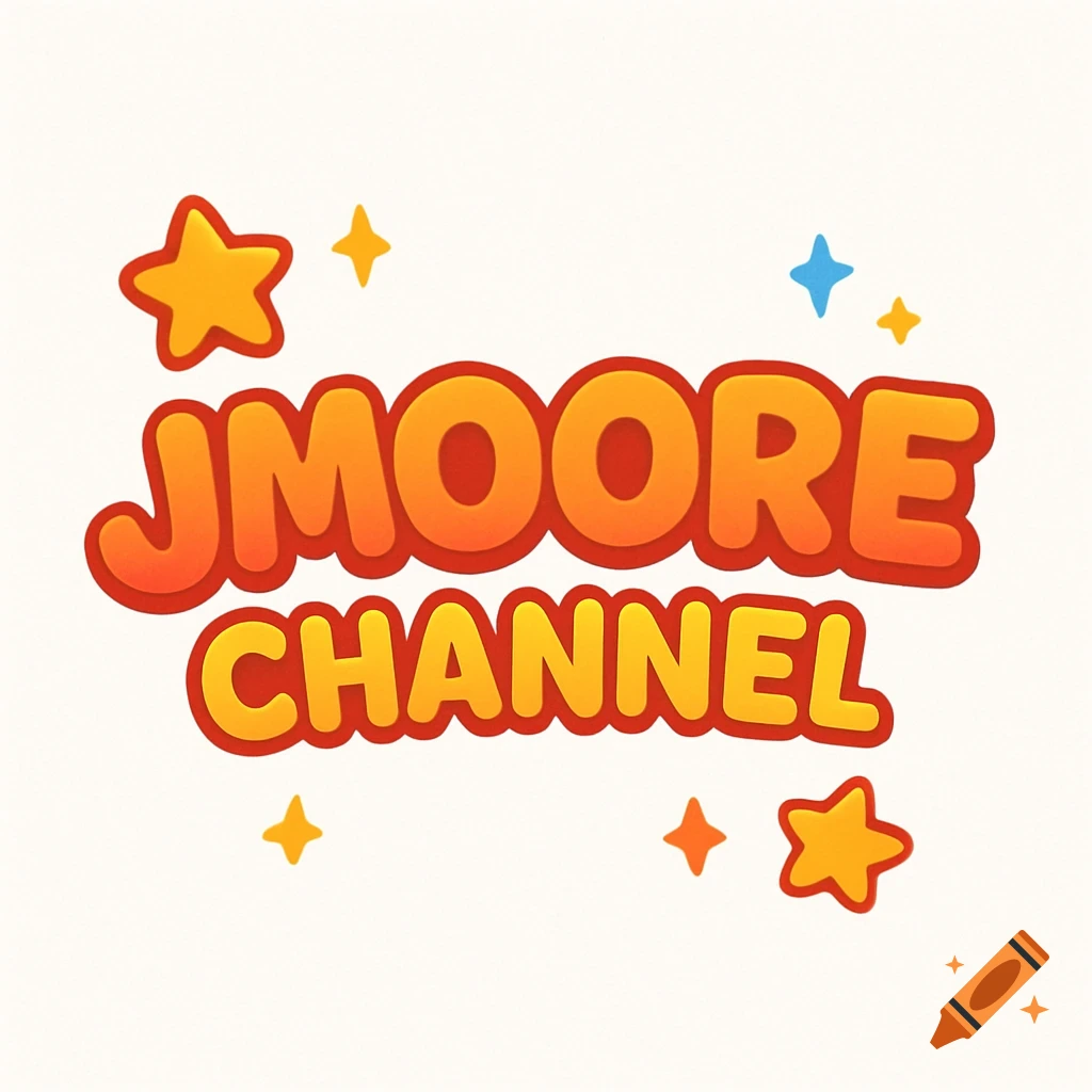 A vibrant orange and red gradient logo featuring the text 'JMOORE CHANNEL' with stars, on a light background.