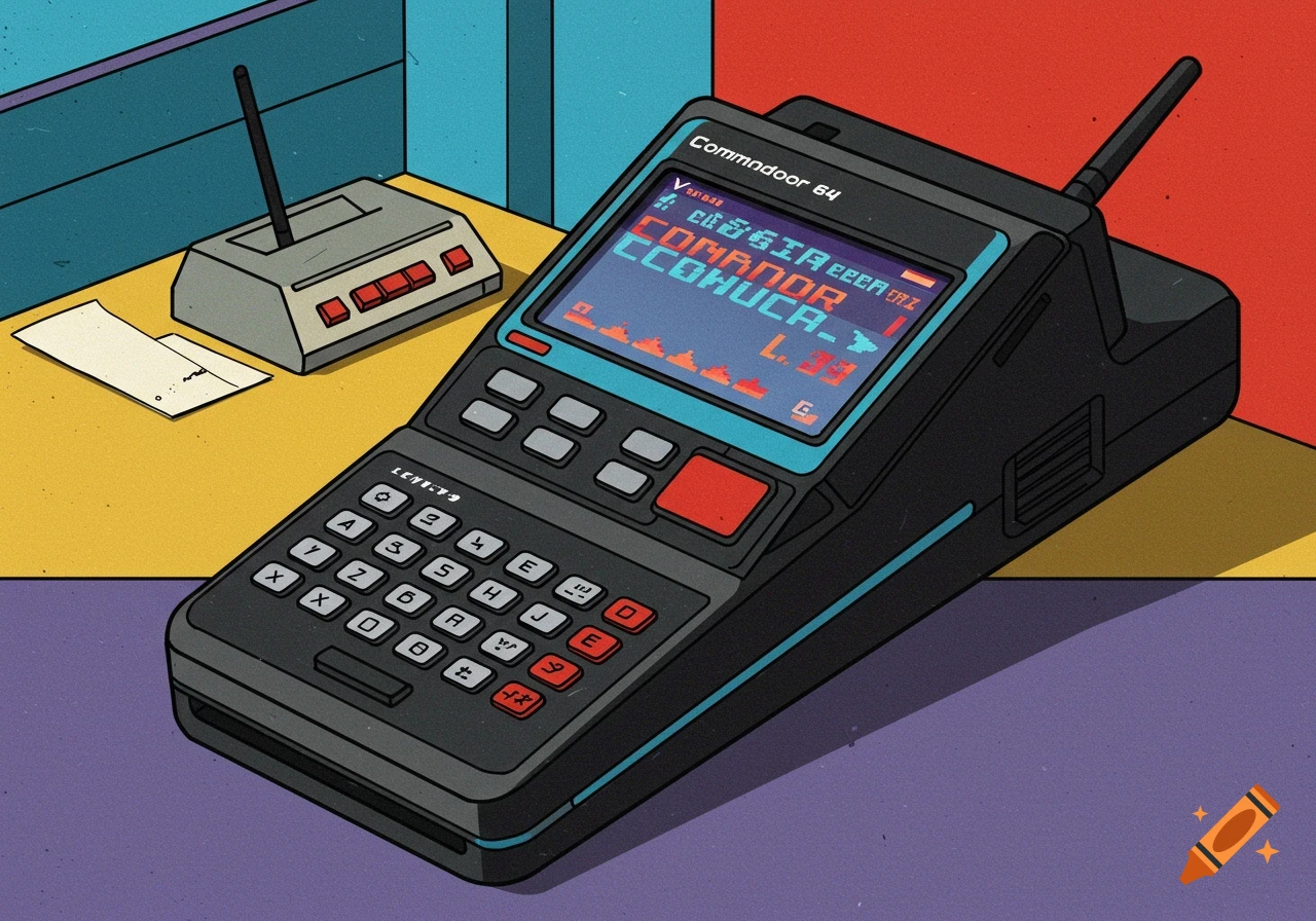 A vibrant retro-style illustration of a large portable computer-phone with a pixelated screen, next to an old modem on a desk.