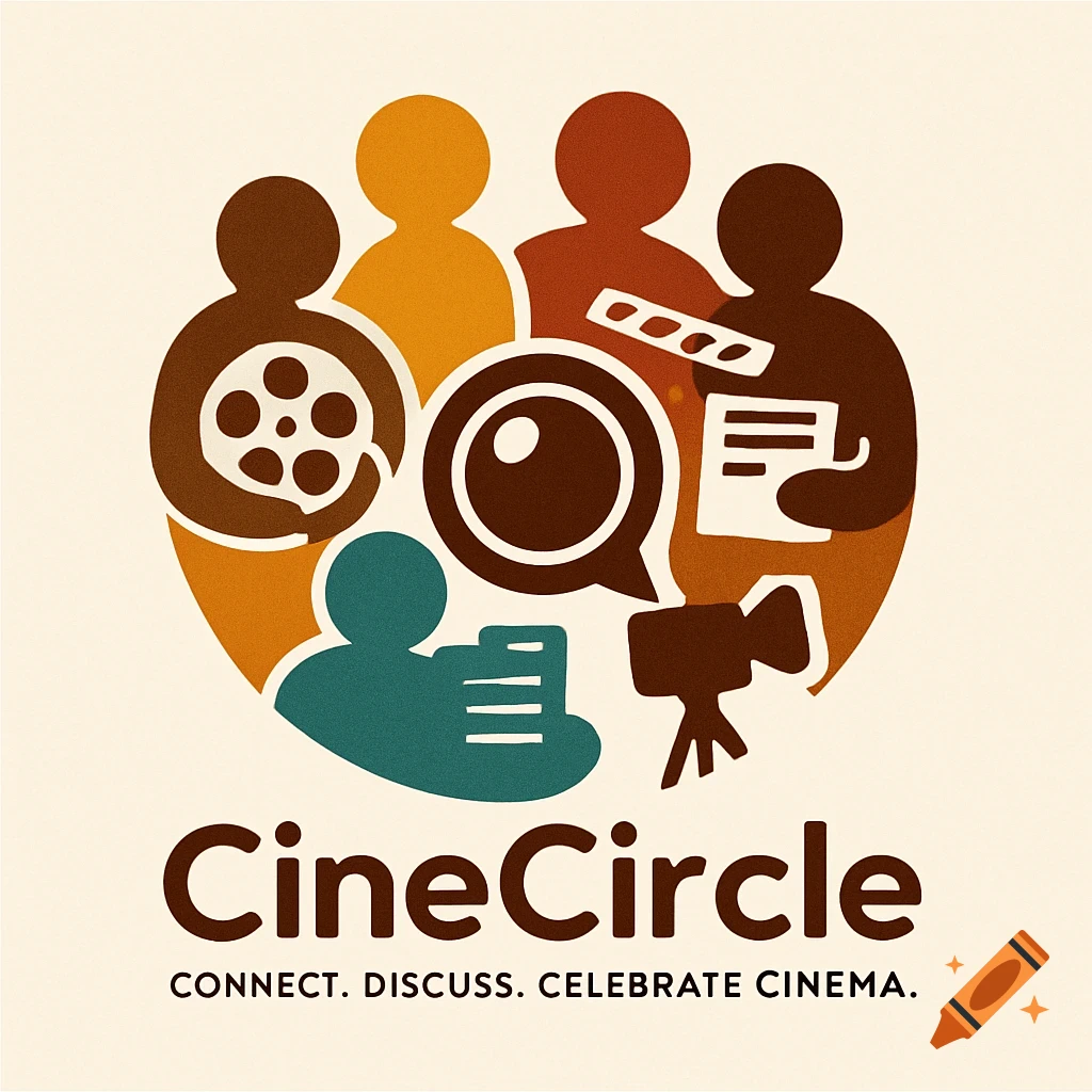 Logo for CineCircle featuring abstract human silhouettes in a circle, holding cinema items, with a lens and speech bubble in the center. Text: 'CineCircle' and 'CONNECT. DISCUSS. CELEBRATE CINEMA.'