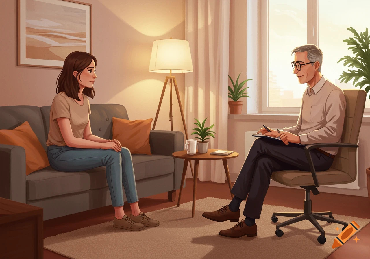 A woman sits on a sofa talking to a male therapist holding a clipboard in a cozy, illustrated room.
