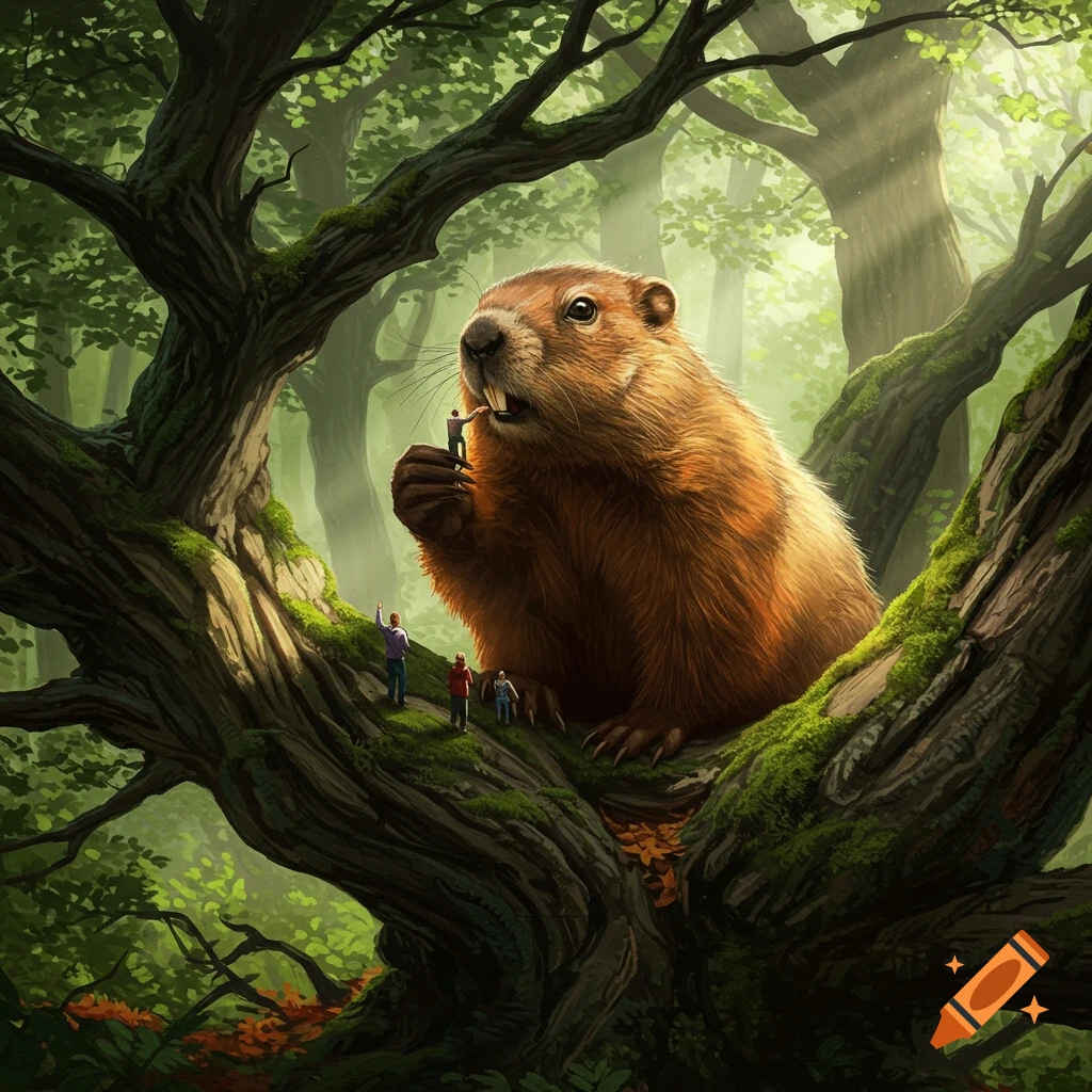 A giant brown beaver sits in a lush, moss-covered tree, looking at tiny people standing on the branches below, one near its mouth, in a detailed illustrative style.