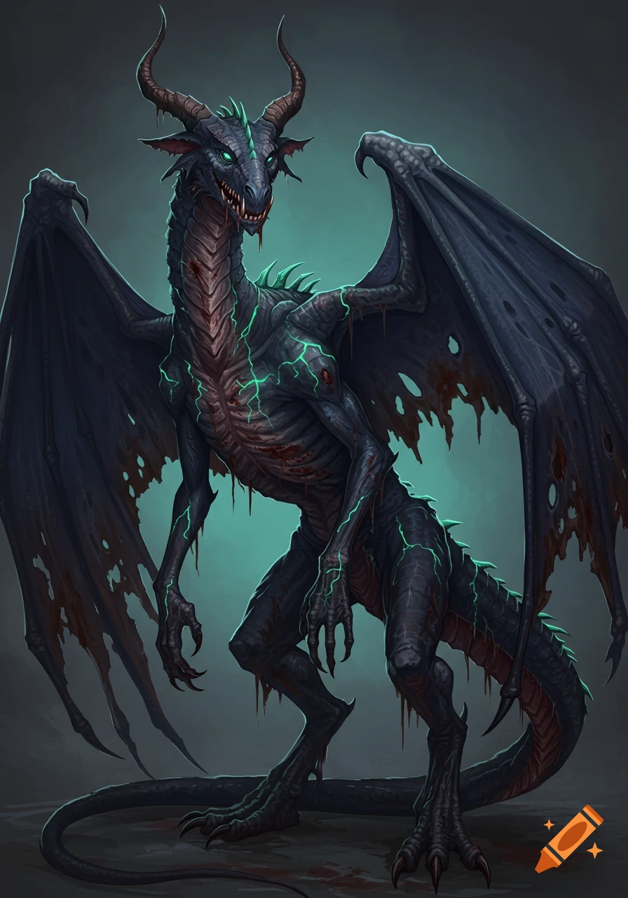 A dark blue scrawny dragon with glowing green cracks, tattered wings, and wounds, standing with a smirk.