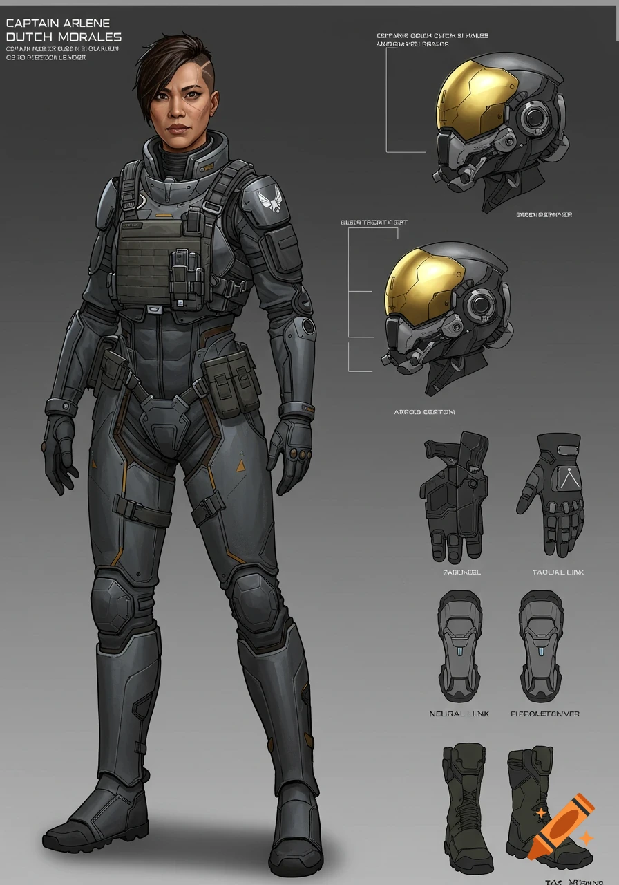 Full body concept art of Captain Arlene Morales in a futuristic grey and black combat suit, with reference sheet details of her helmet, gloves, and boots.