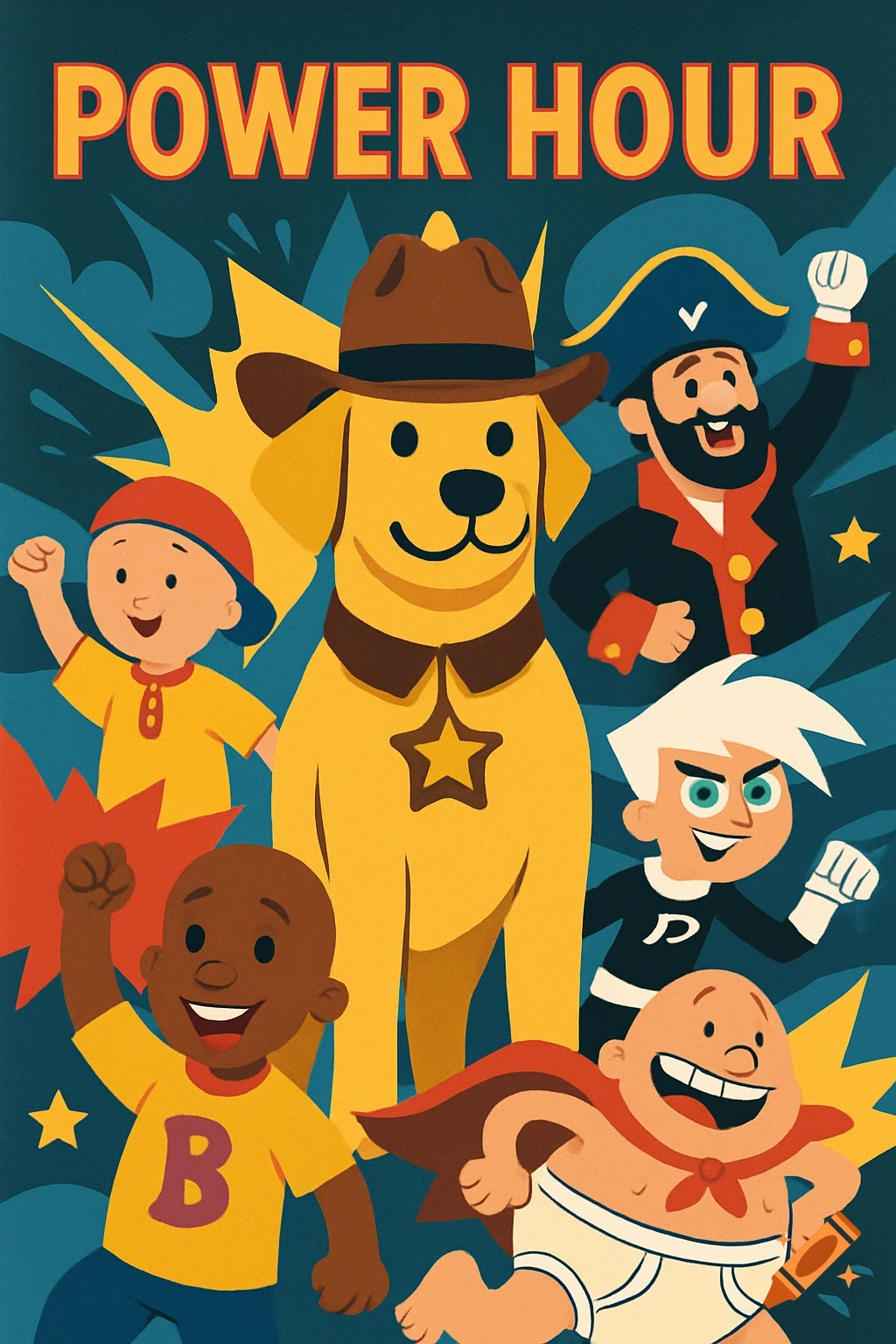 A cartoon movie poster featuring a sheriff dog, Caillou, Little Bill, a pirate, Danny Phantom, and Captain Underpants.