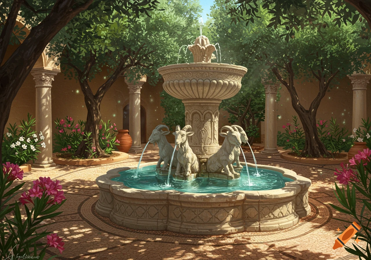 A detailed painting of a serene courtyard with a large stone fountain featuring goat sculptures, surrounded by lush trees and pink flowers.