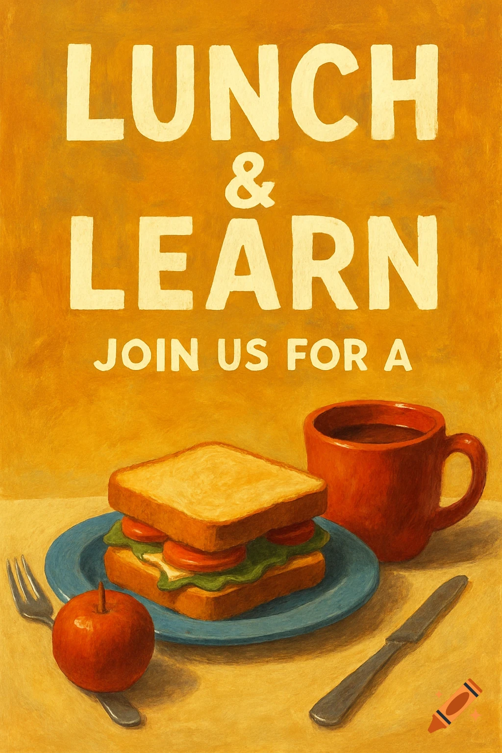 A painterly illustration of a 'Lunch & Learn' flyer with a sandwich, coffee, and apple.