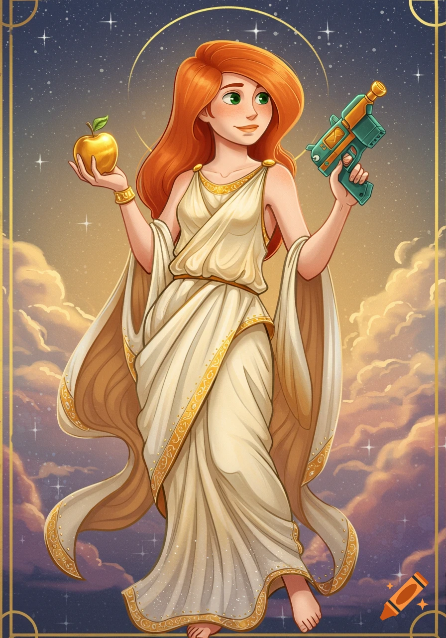 Cartoon illustration of Kim Possible as a goddess, with red hair and a white toga, holding a golden apple and a ray gun, surrounded by clouds and stars.