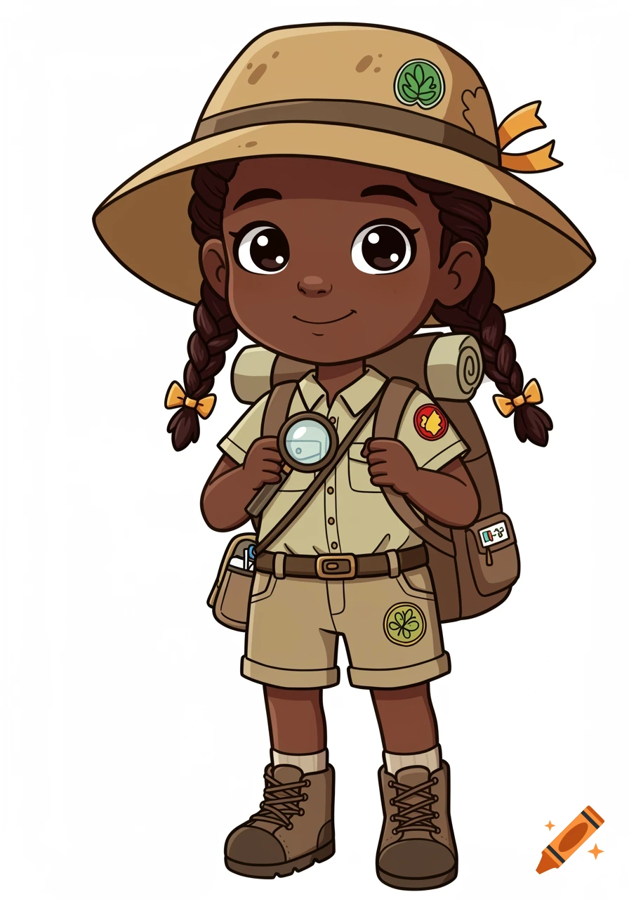 A cartoon illustration of a happy little Black girl dressed as an explorer with braided hair, a wide-brimmed hat, safari outfit, backpack, and magnifying glass.