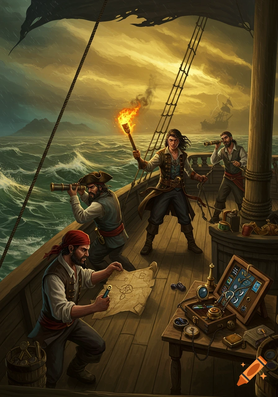 Four pirates on a ship's deck during a stormy night. One holds a flaming torch, another looks through a spyglass, and a third examines a map.