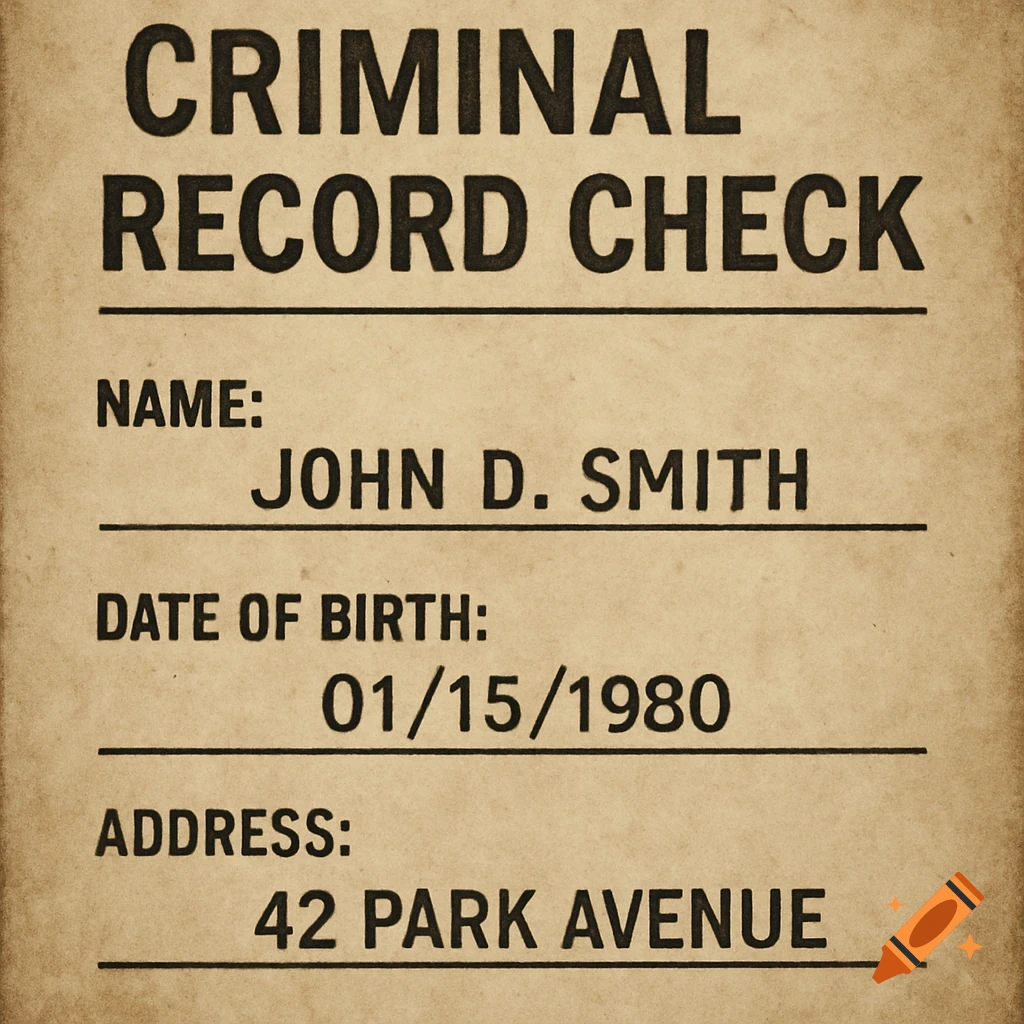 A vintage-style criminal record check form with fields for name, date of birth, and address.