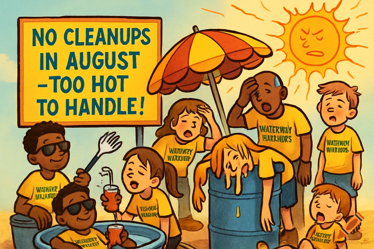 A humorous cartoon shows diverse volunteers, the Waterway Warriors, exhausted from the summer heat, with a sign reading 'No Cleanups in August - Too Hot to Handle!'.