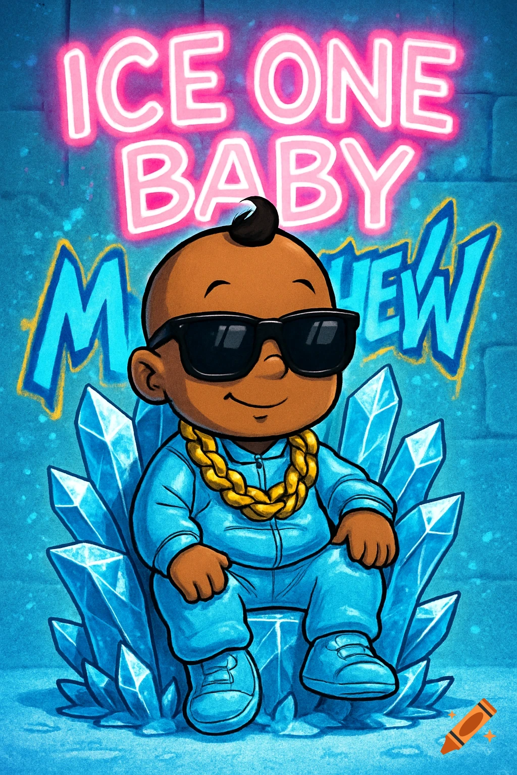 Cartoon baby in sunglasses and gold chain sitting on an ice throne with neon 'ICE ONE BABY' and 'MATTHEW' graffiti.