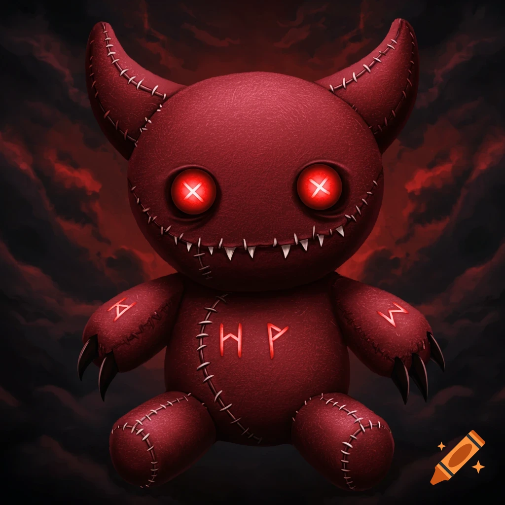 A red demonic plushie with glowing red eyes, horns, sharp teeth, clawed hands, and symbols on its body, against a dark red cloudy background.