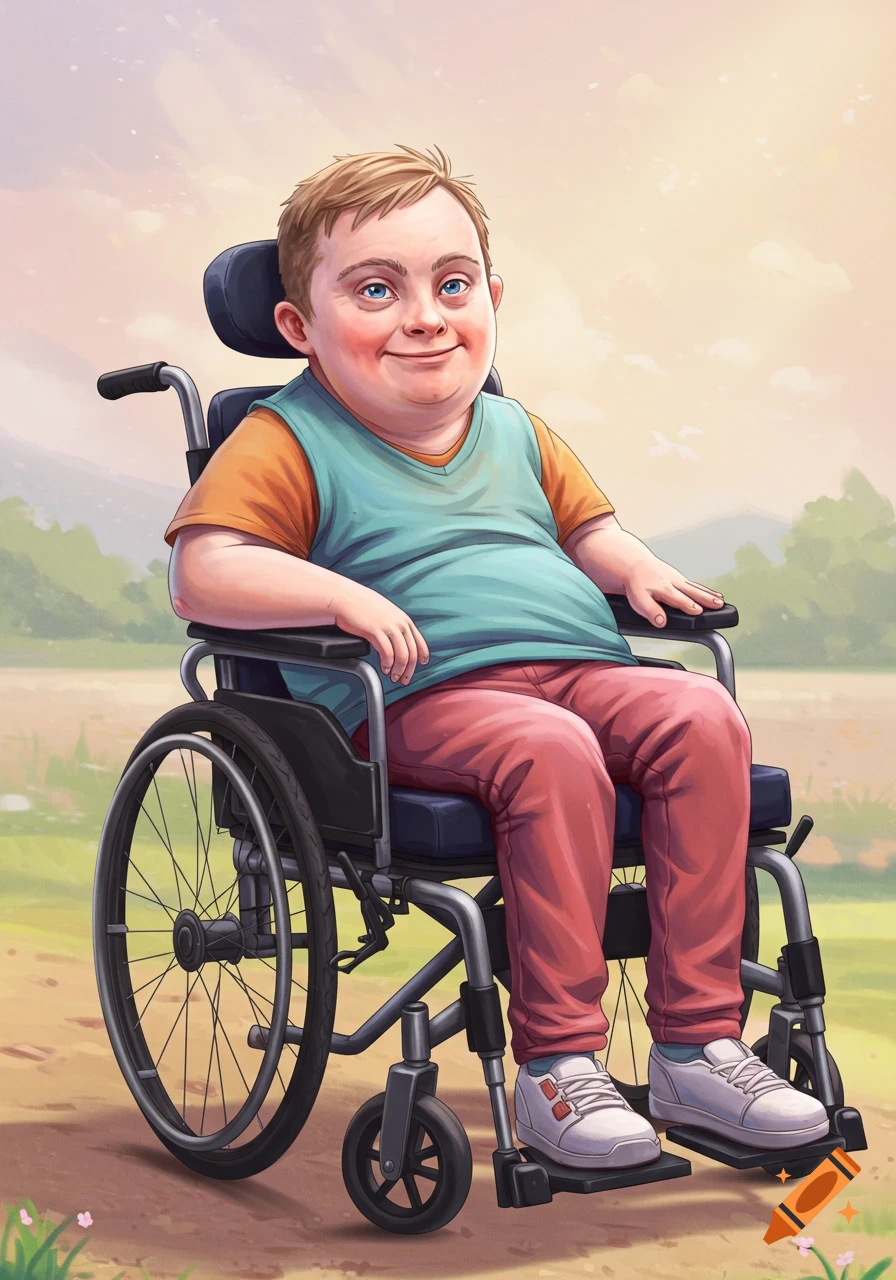 A smiling person with Down syndrome in a wheelchair, depicted in a digital painting style, outdoors.