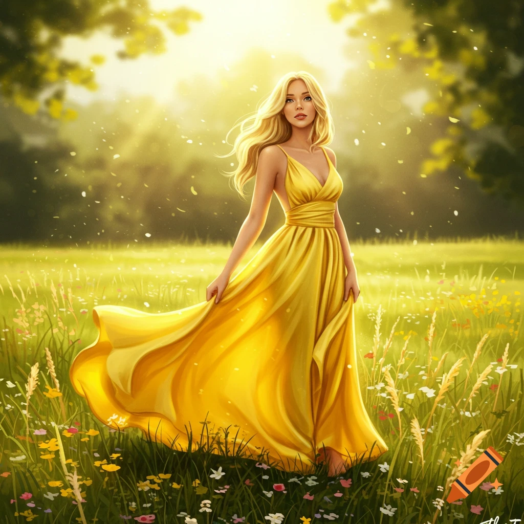 A blonde woman in a flowing yellow dress stands in a sunny, verdant meadow with wildflowers, light filtering through trees.