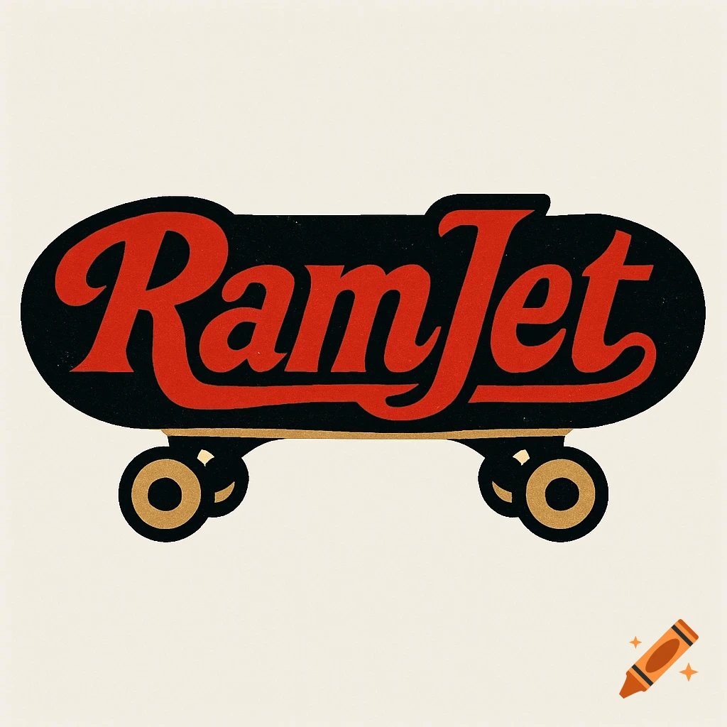 A black skateboard graphic with the word 'RamJet' in red script font and gold accents on a cream background.