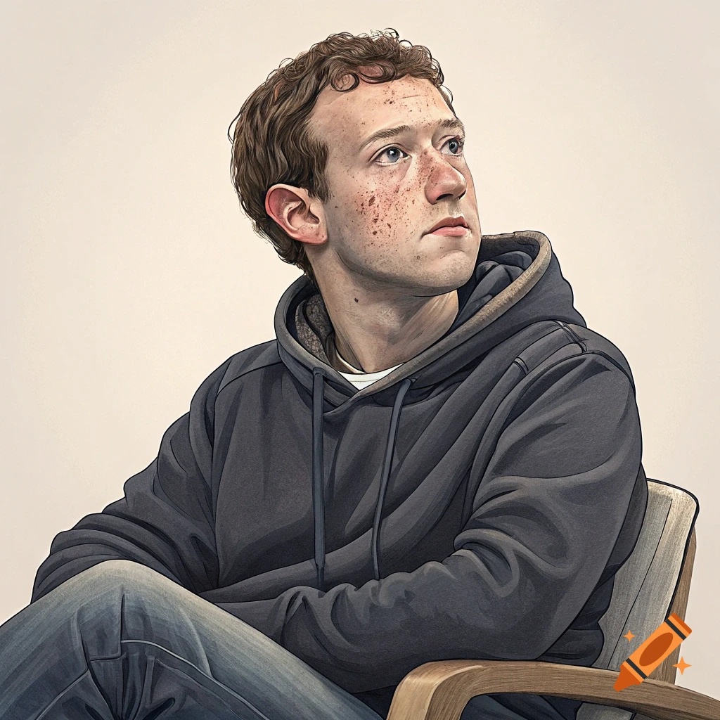 A man resembling Mark Zuckerberg sits, wearing a dark hoodie and jeans, with pimples on his face, looking upwards.