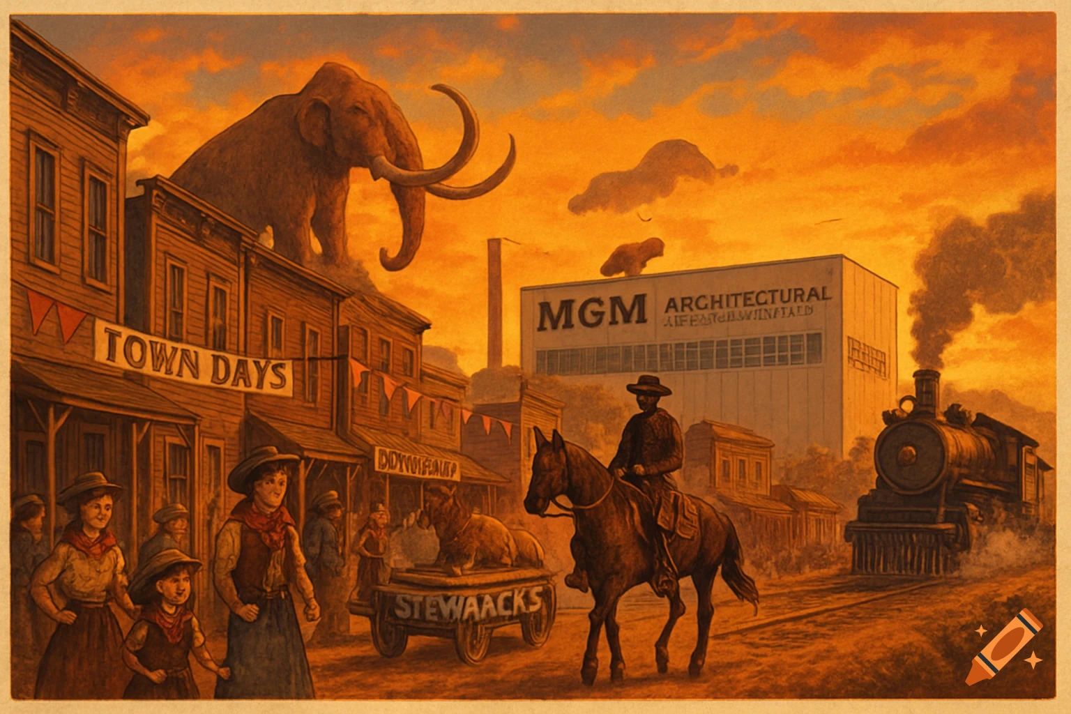 Vintage poster of a Wild West town at sunset with a giant mastodon on a hill, a cowboy on a horse, a train, and people by wooden buildings with banners.
