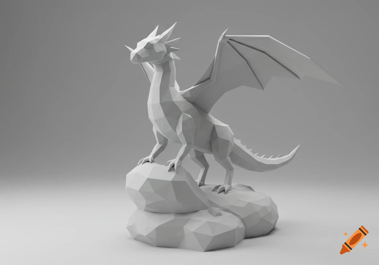 A white low-poly 3D rendered dragon with small wings, standing on low-poly rocks against a gray background.