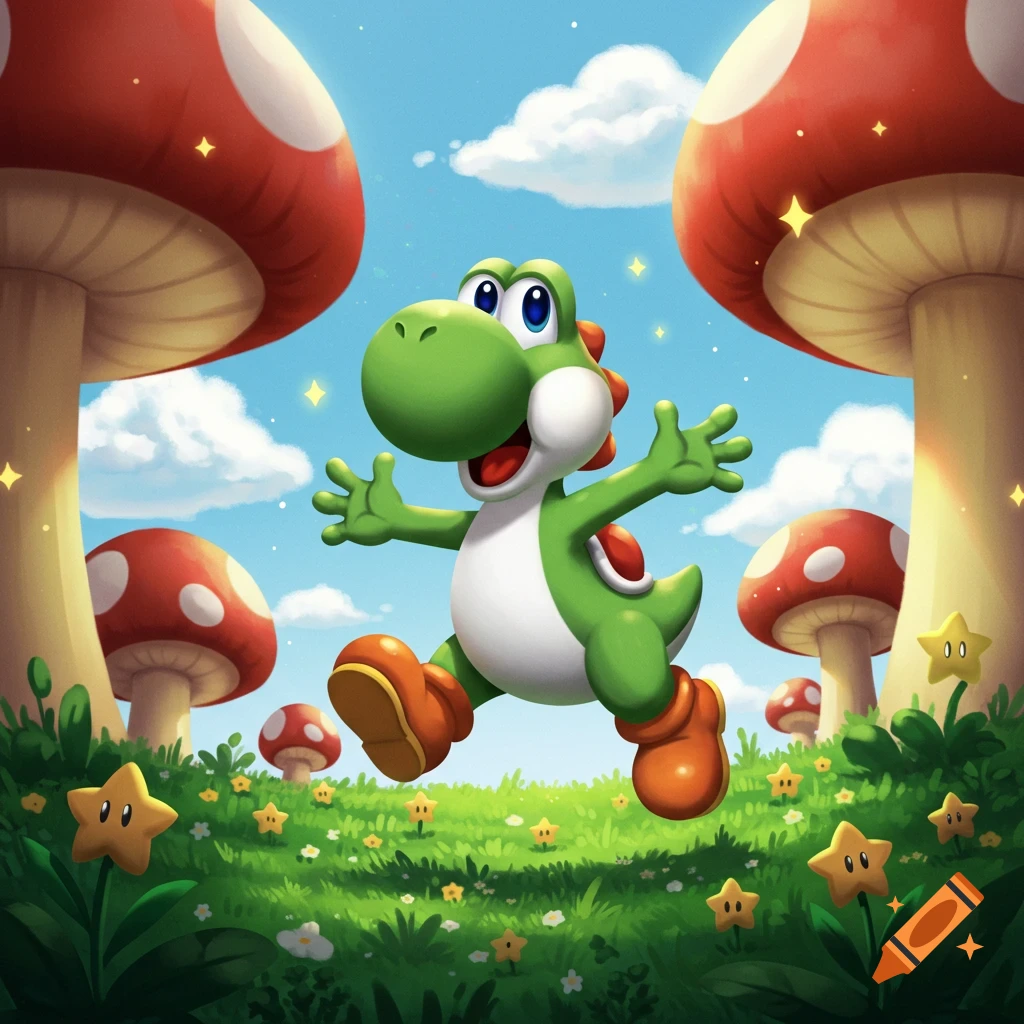 Vibrant cartoon of Yoshi running through a grassy field with large red mushrooms and yellow stars under a blue sky.