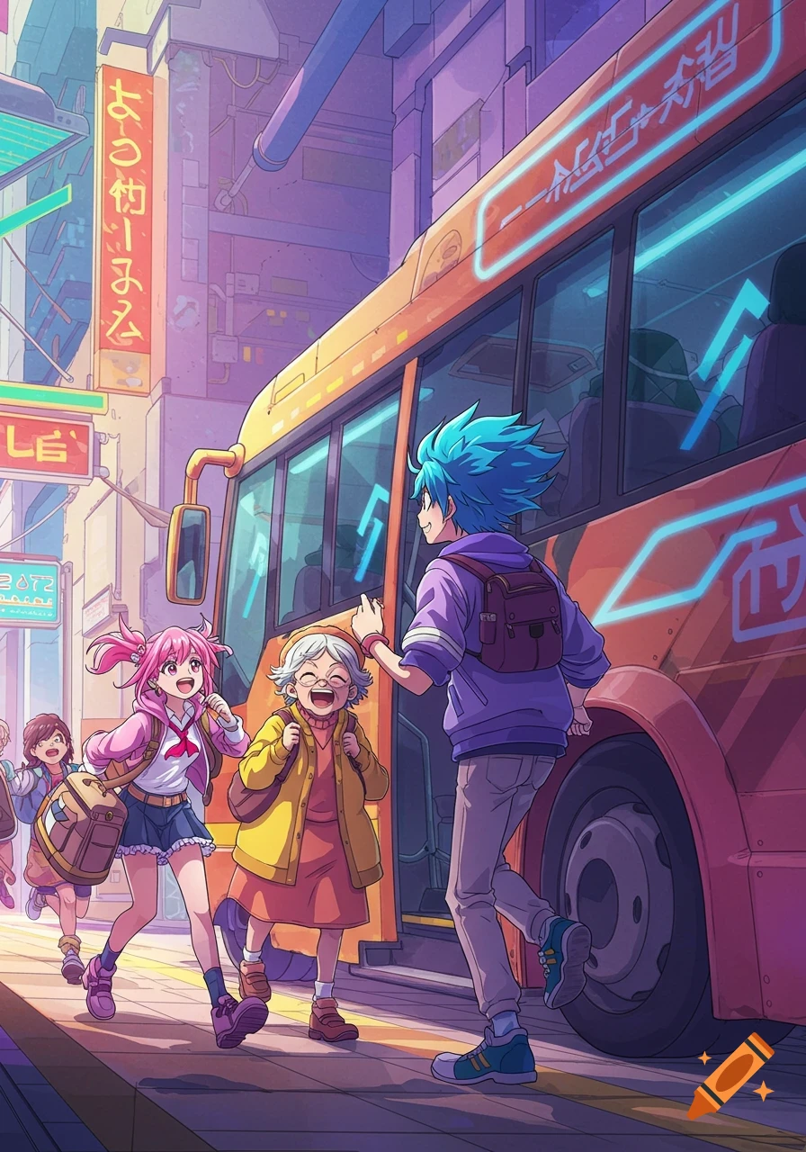 Anime style illustration of children and an elderly woman happily boarding a bus on a vibrant city street.