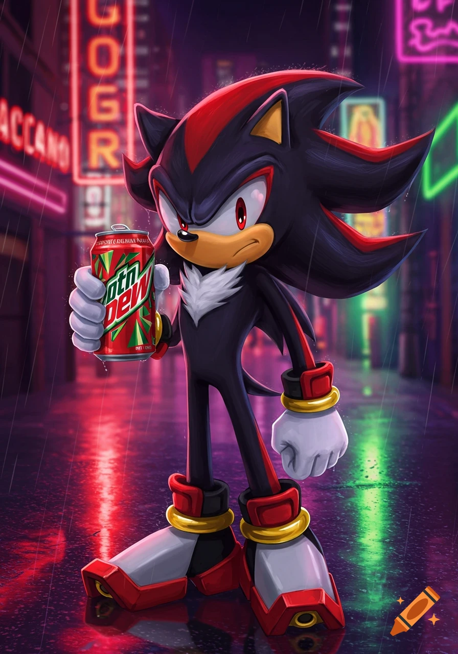 Shadow the Hedgehog holds a can of Mountain Dew in a neon-lit, rainy city street.