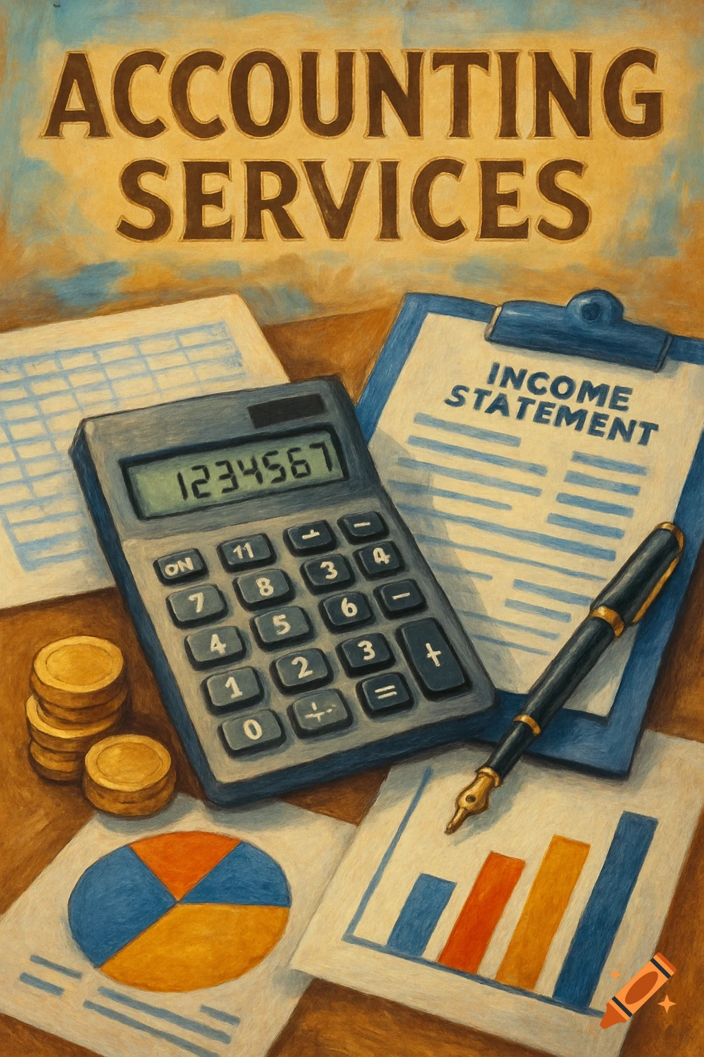 A painterly illustration of accounting services, showing a calculator, an income statement, a pen, coins, and charts.