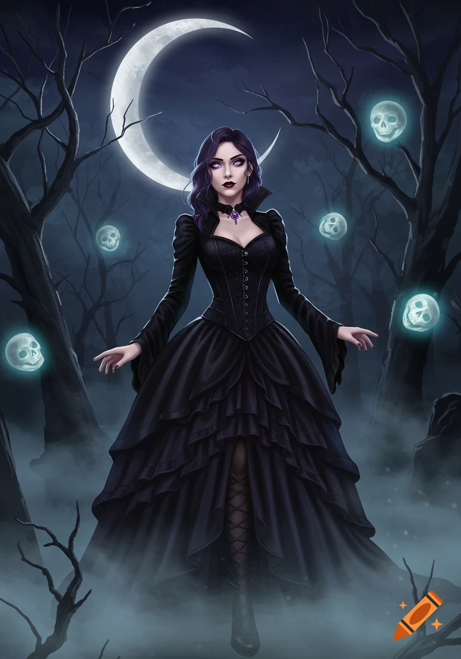 A gothic woman in a black dress stands in a misty, moonlit forest with glowing skulls.