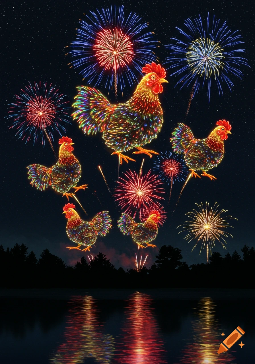Five colorful chickens made of light float in a night sky with fireworks exploding around them and their reflections in a lake below.