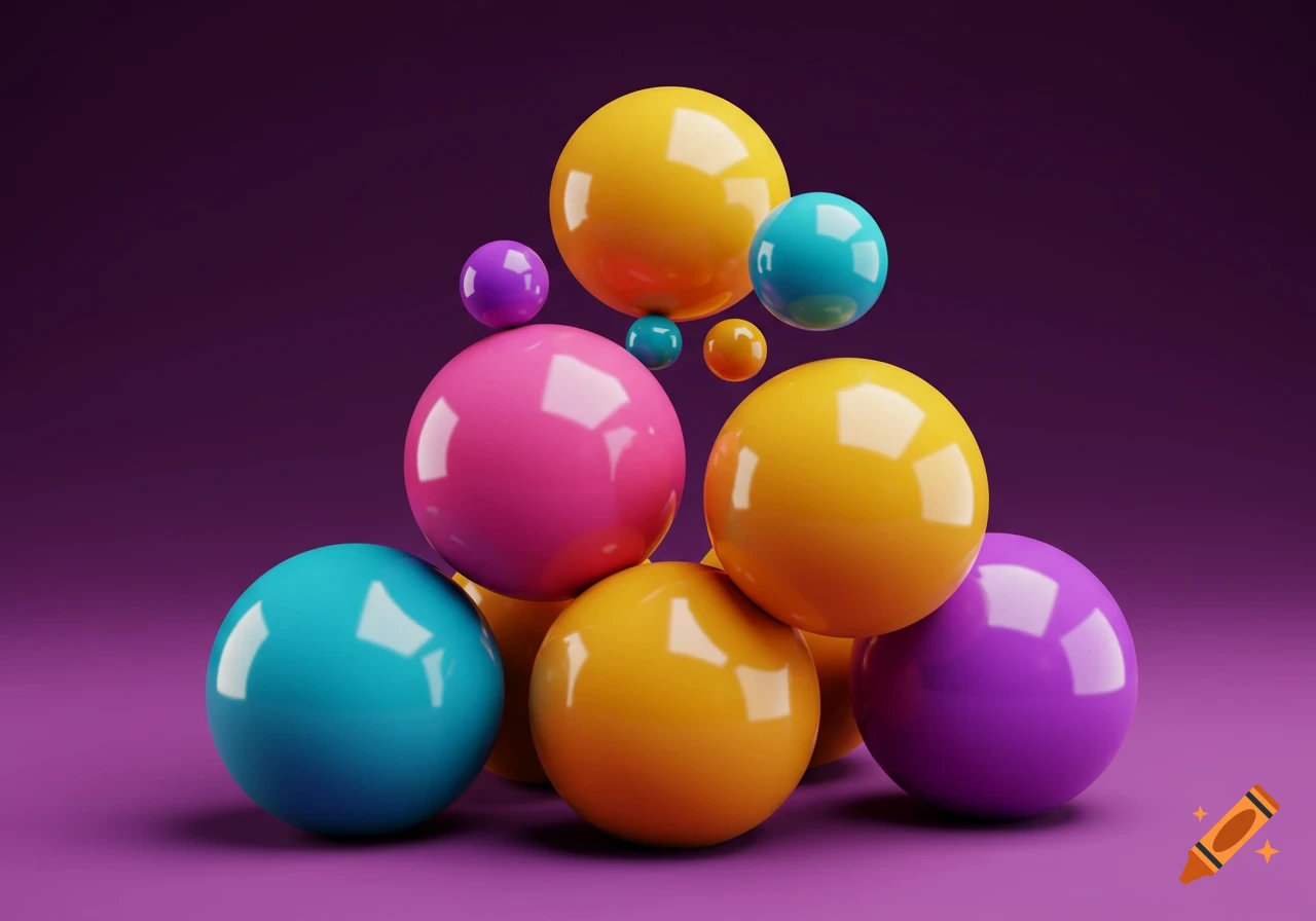 A vibrant stack of shiny spheres in various colors, including yellow, pink, blue, and purple, against a matching purple background.