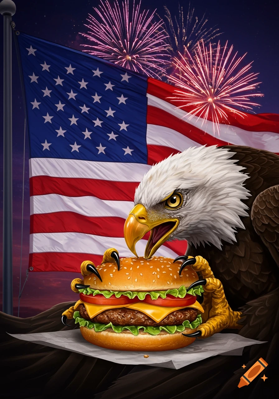 A fierce bald eagle clutches a hamburger against a backdrop of the American flag and fireworks in a vibrant, illustrative style.