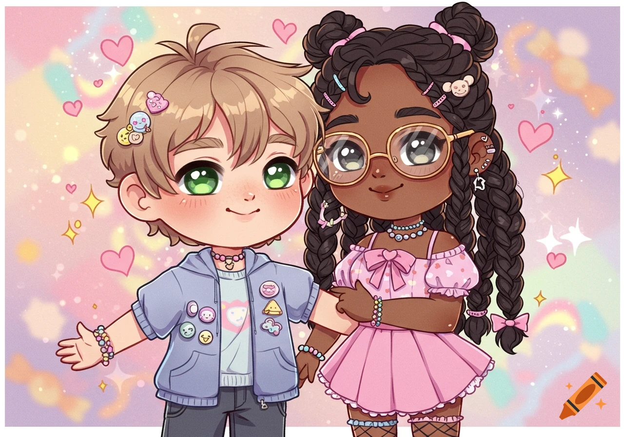Cute kawaii illustration of a light-skinned boy and a dark-skinned girl with braids and glasses holding hands, surrounded by hearts.