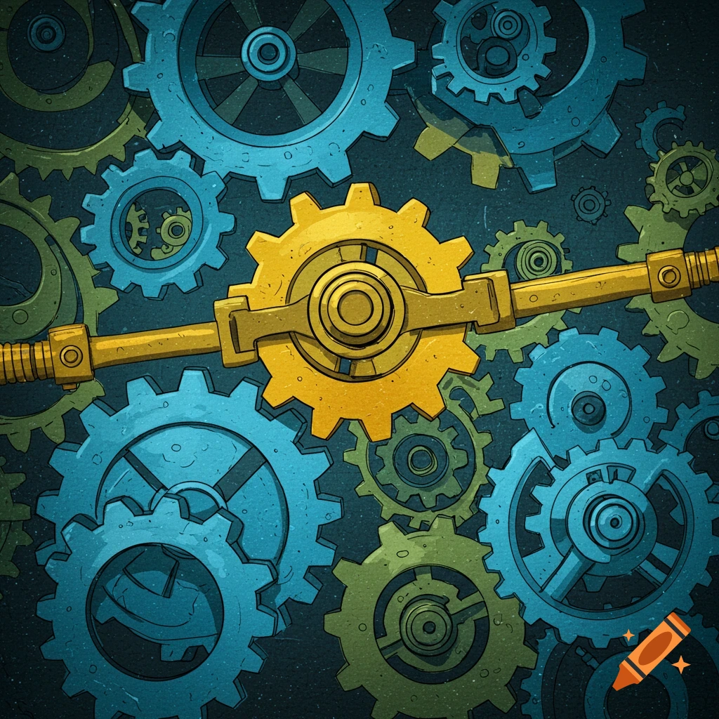 Stylized illustration of blue, green, and golden yellow interlocking gears on a dark, textured background.