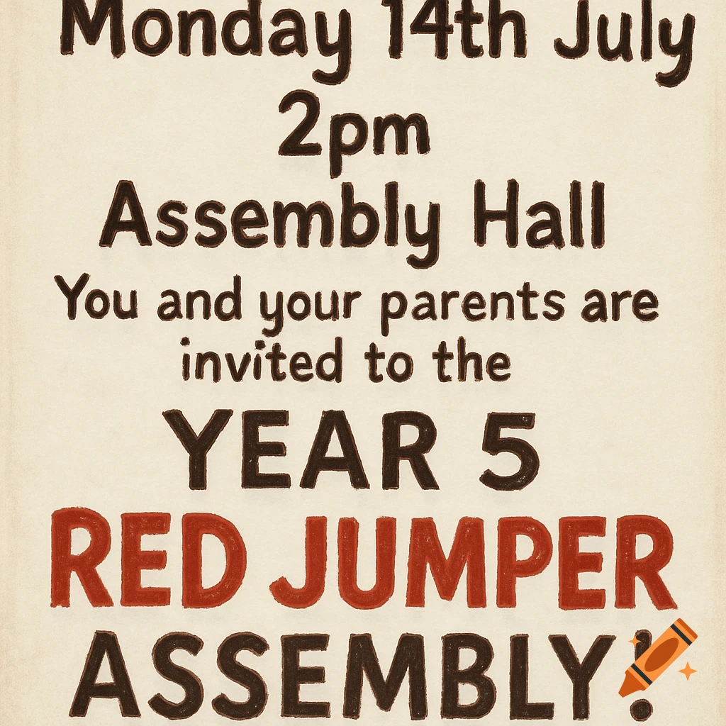 A poster inviting to the Year 5 Red Jumper Assembly on Monday 14th July at 2pm in the Assembly Hall.