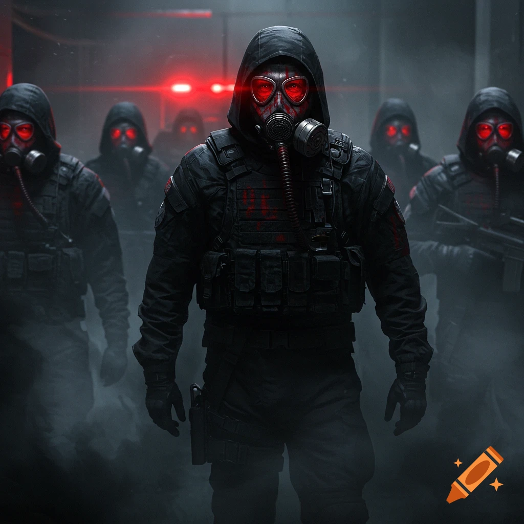 A group of hooded soldiers in black tactical gear and gas masks with glowing red eyes stand in a dark, smoky environment with red lights.