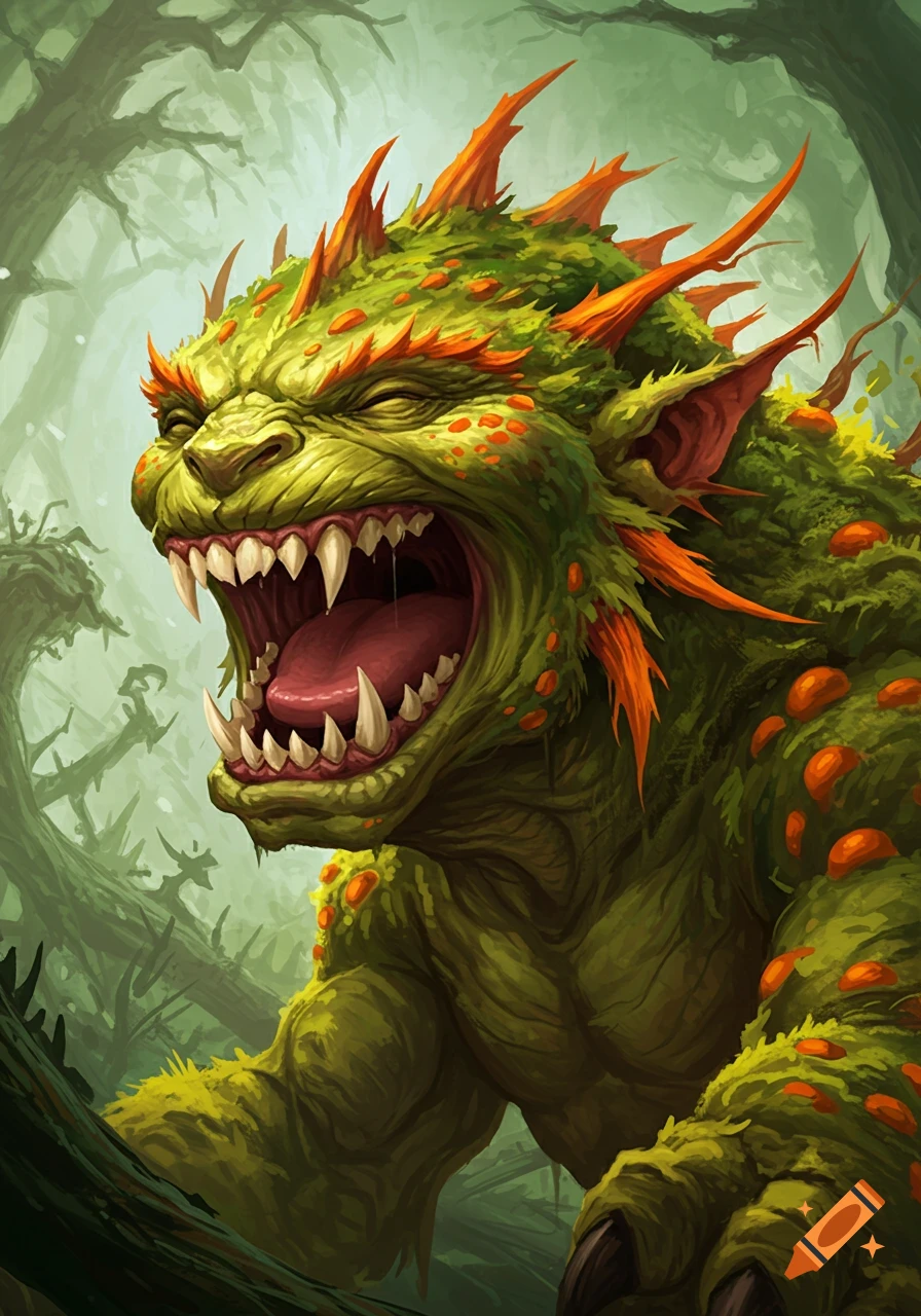 A monstrous green creature with orange spikes and red spots roars in a lush, green forest.