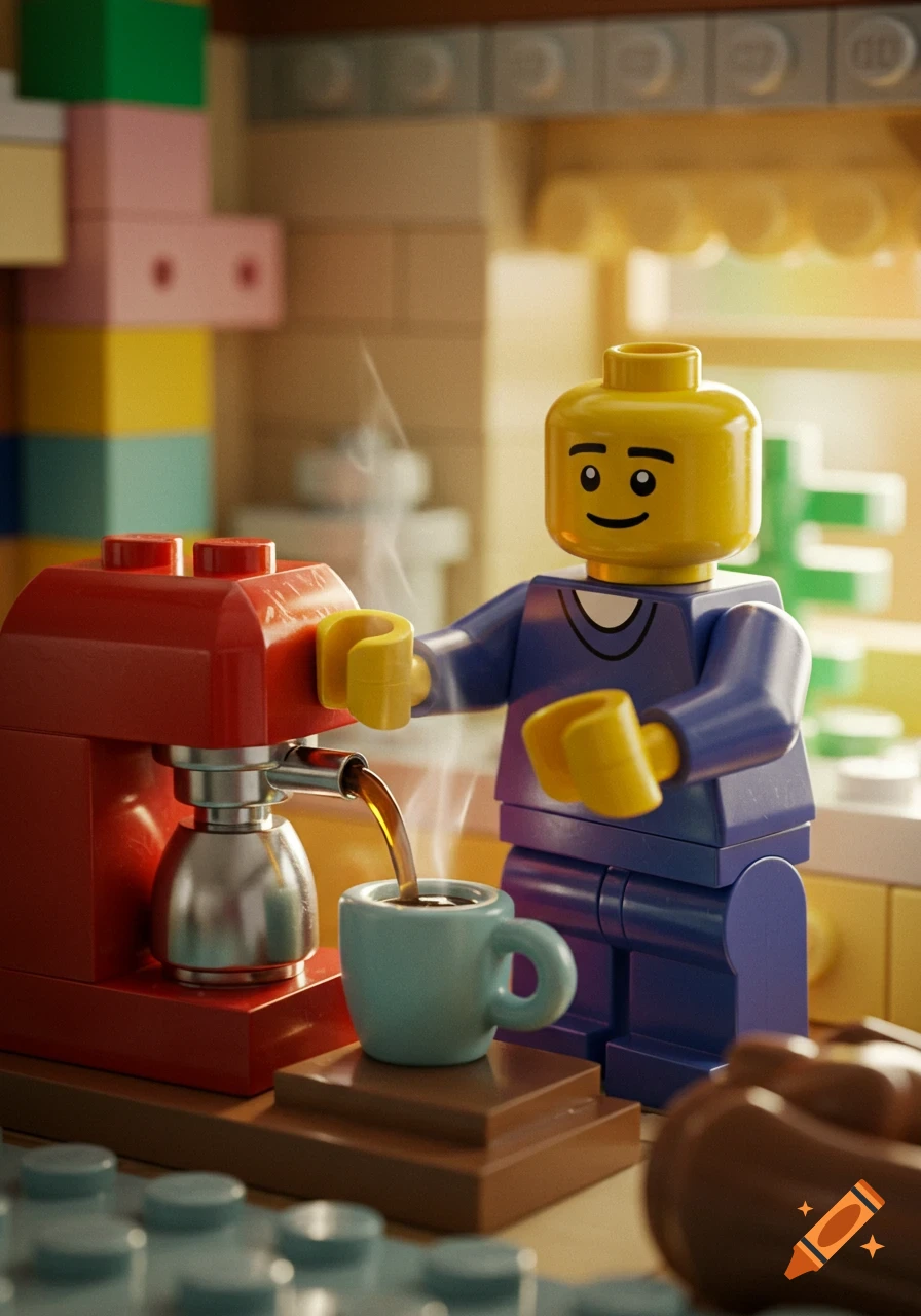 A photorealistic Lego minifigure pours coffee into a mug from a red coffee machine in a brightly lit Lego kitchen.